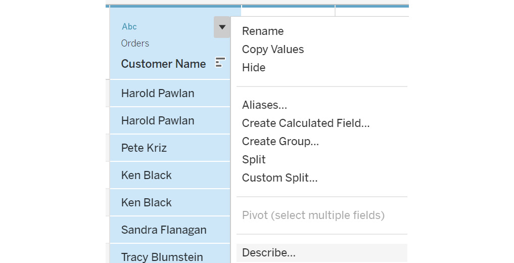 Figure 2.59: Data transformation menu options
