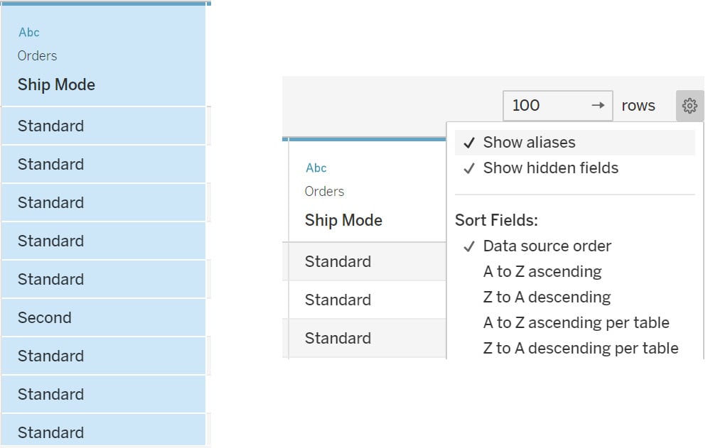 Figure 2.64: Enabling aliases in the data preview using the Show aliases option
