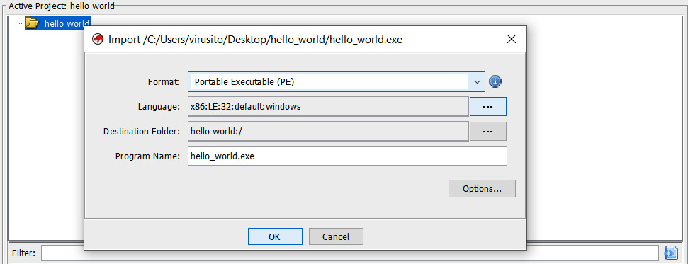 Figure 1.9 – Importing a file to the Ghidra project
