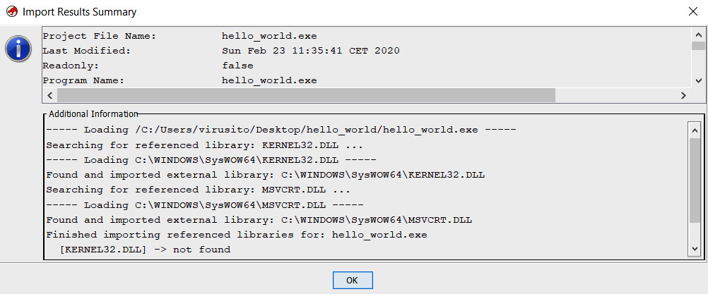 Figure 1.10 – Ghidra project file import result summary
