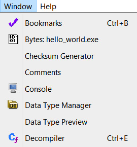 Figure 1.14 – Some items in the Ghidra Window submenu
