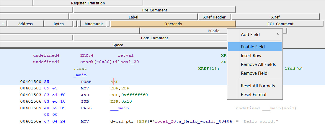 Figure 1.16 – Enabling the PCode field in the disassembly listing
