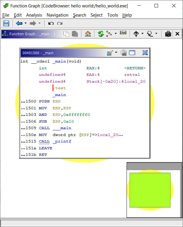 Figure 1.18 – Graph view of a hello world program's main function
