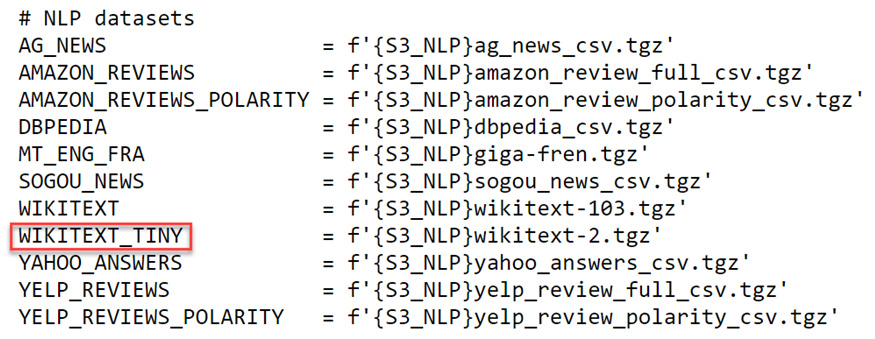 Figure 2.15 – WIKITEXT_TINY in the NLP datasets list in the source for URLs
