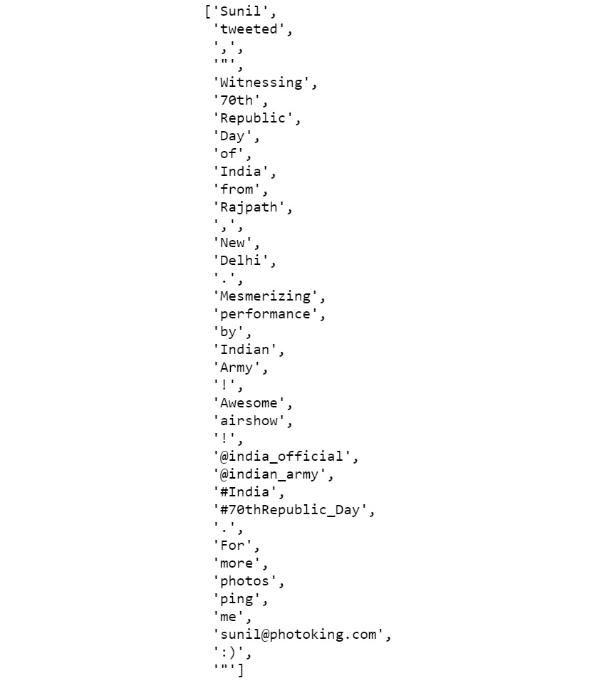 Figure 2.9: Tokenization using TweetTokenizer
