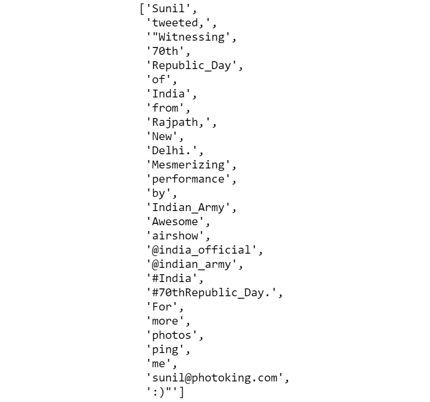Figure 2.11: Tokenization using the MWE tokenizer after removing the "!" sign
