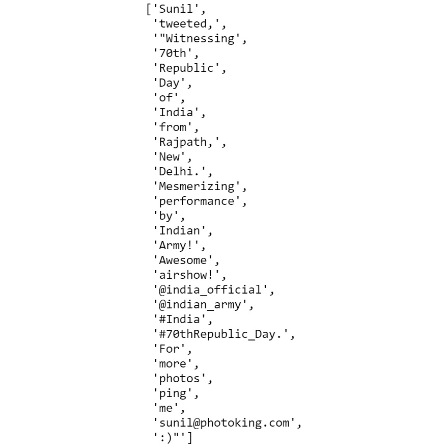 Figure 2.13: Tokenization using the whitespace tokenizer
