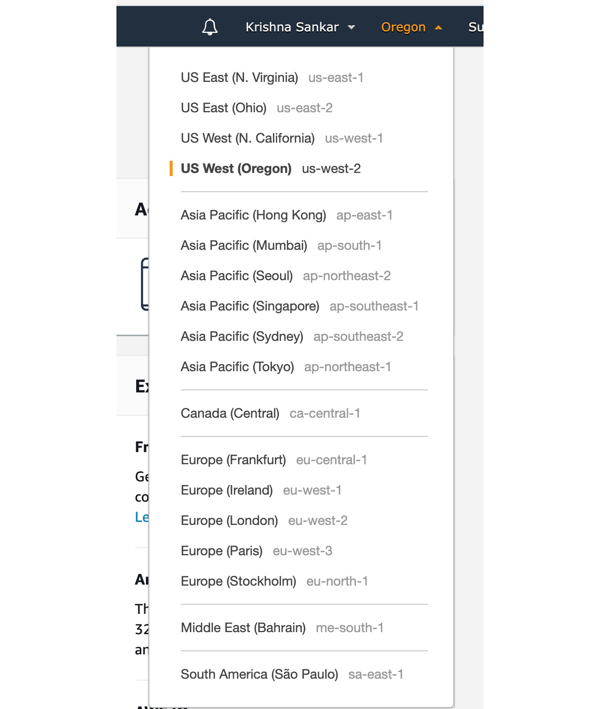 Figure 0.2: AWS Region list