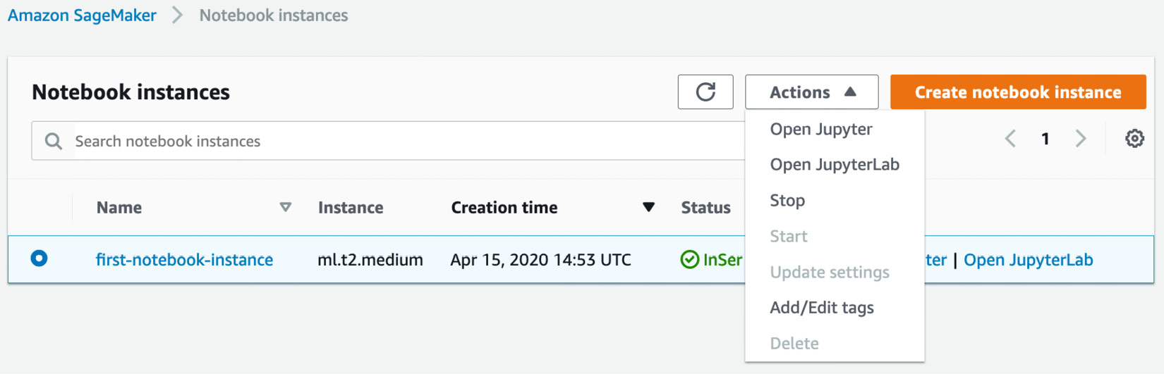 Figure 1.16 Stopping a notebook instance
