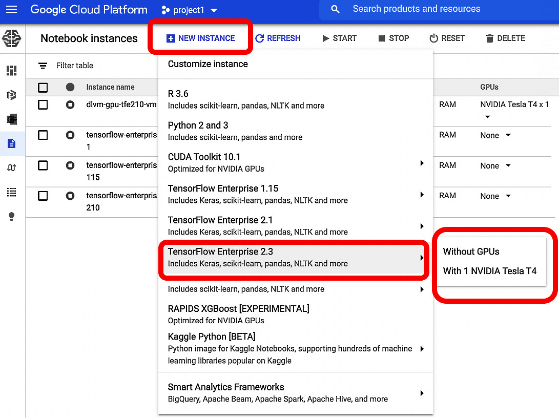 Figure 1.21 – The Google Cloud AI Platform and instance creation
