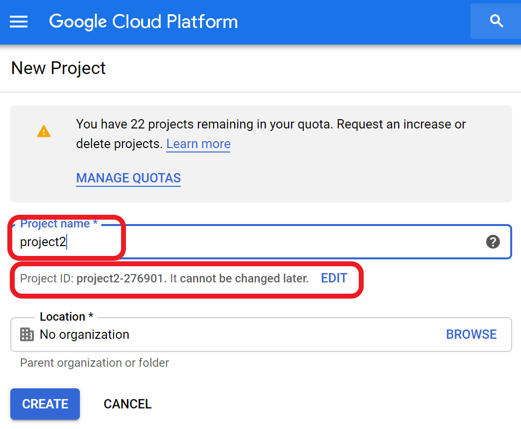 Figure 1.5 – Project name and project ID assignment
