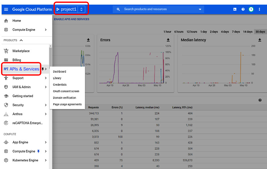 Figure 1.9 – Google Cloud APIs and Services for the project
