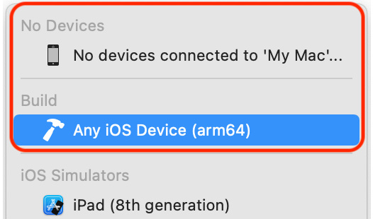 Figure 1.12 – Xcode Scheme menu with Any iOS Device (arm64) selected
