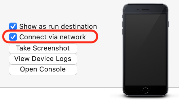 Figure 1.26 – Xcode Devices and Simulators window with "Connect via network" checked
