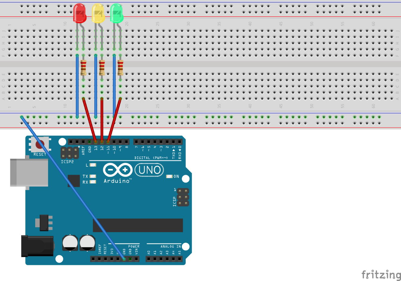 Figure 2.6 – The traffic lights circuit – image taken from Fritzing
