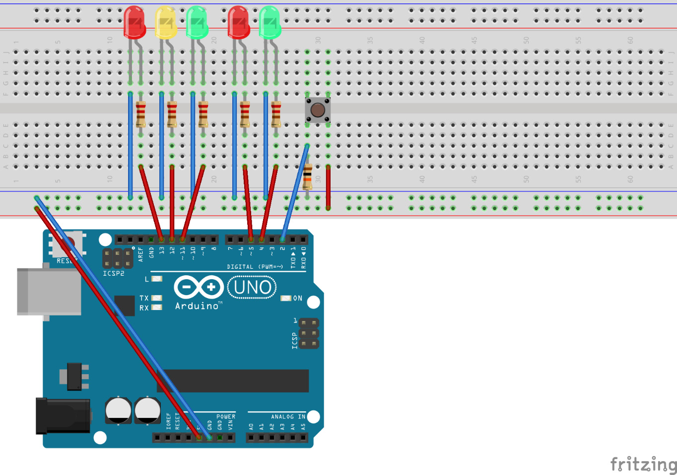 Figure 2.8 – Circuit for the traffic lights with pedestrian lights controlled by 
a button – image taken from Fritzing
