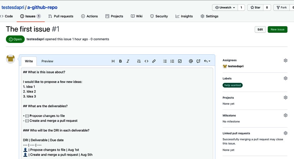 Figure 1.12 – Adding an issue title and description
