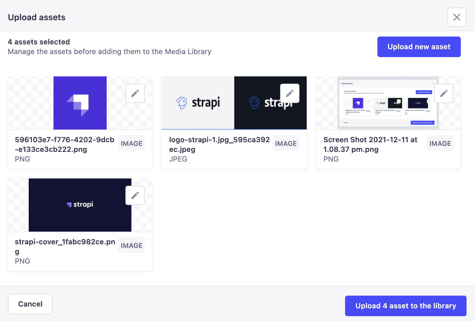 Figure 4.18: In the Media Library, you can select which assets you want to upload to Strapi