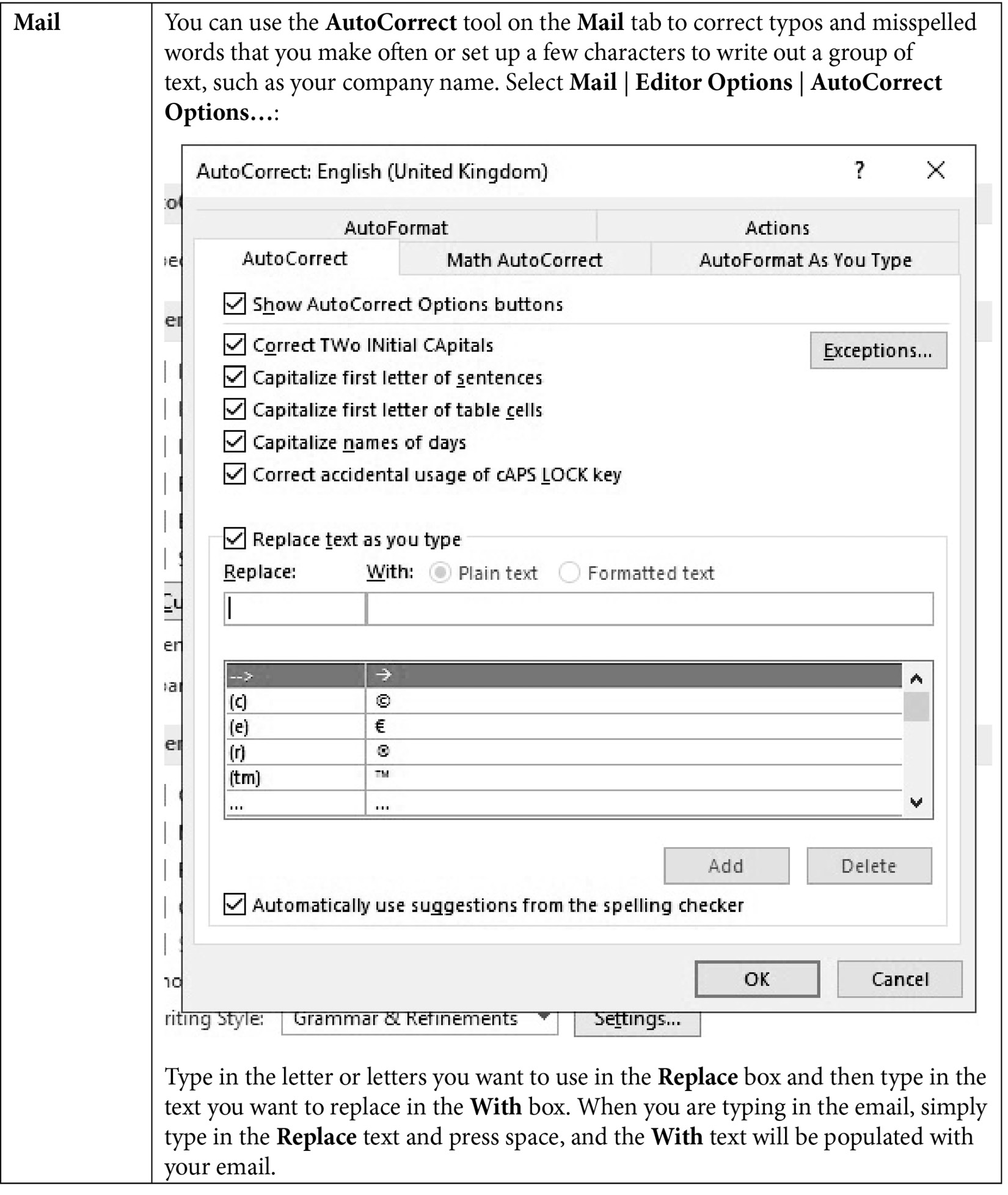 Table 1.2 – The Outlook options available