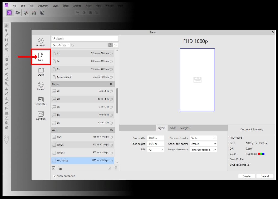  Figure 2.3 – Creating a new document from the splash page