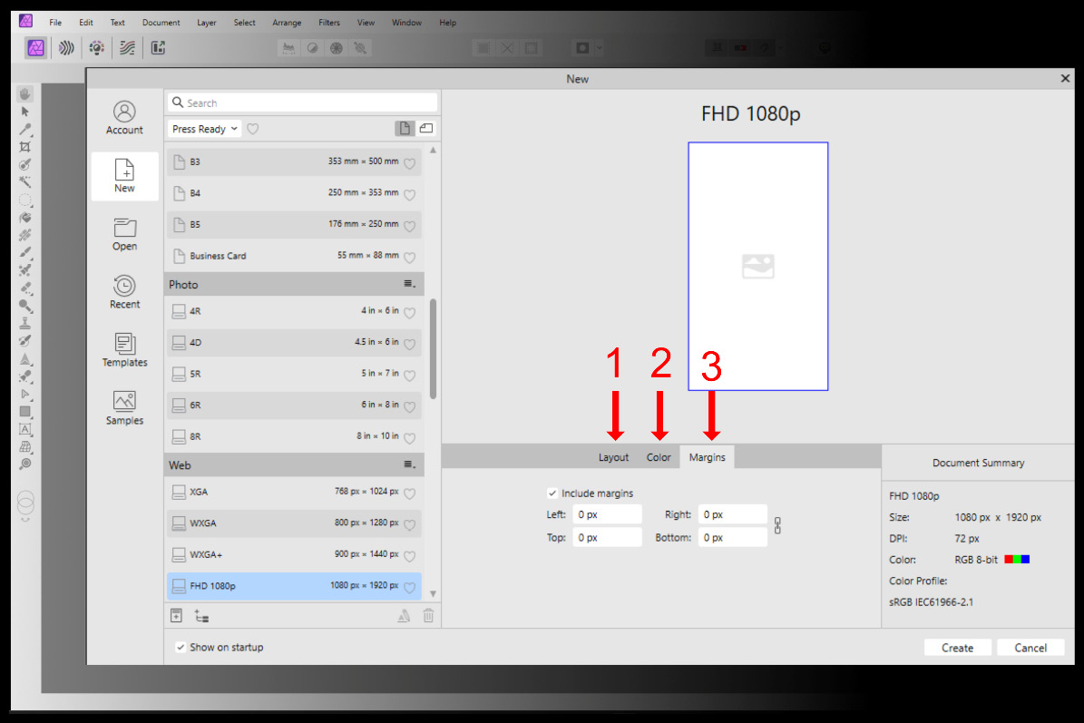 Figure 2.5 – Settings for new documents