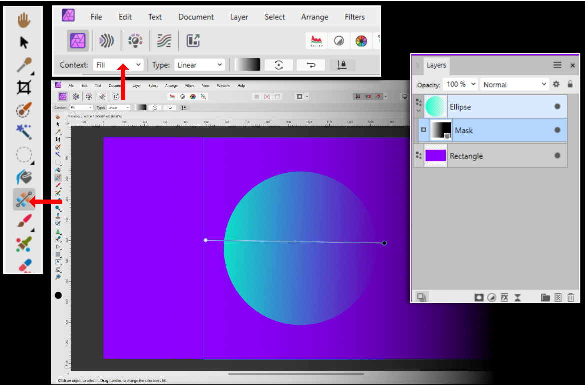 Figure 4.7 – The fill tool location, context, and the layer setup