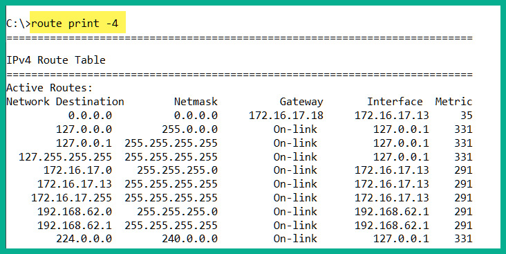 Figure 1.19 – Checking the Windows 10 routing table
