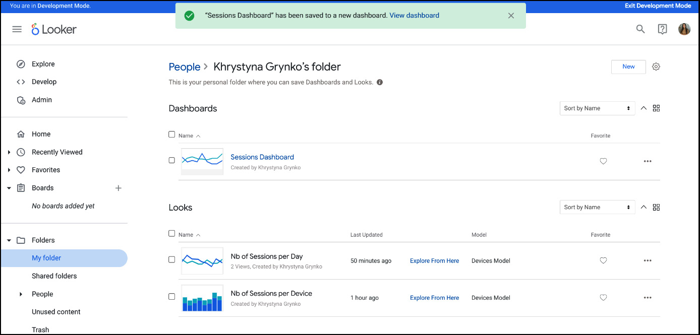 Figure 1.46 – My folder: Dashboard and Looks