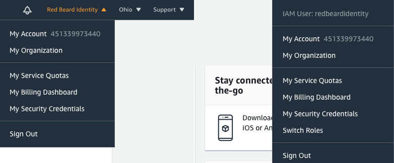 Figure 1.18 – Root user on the left, IAM user on the right
