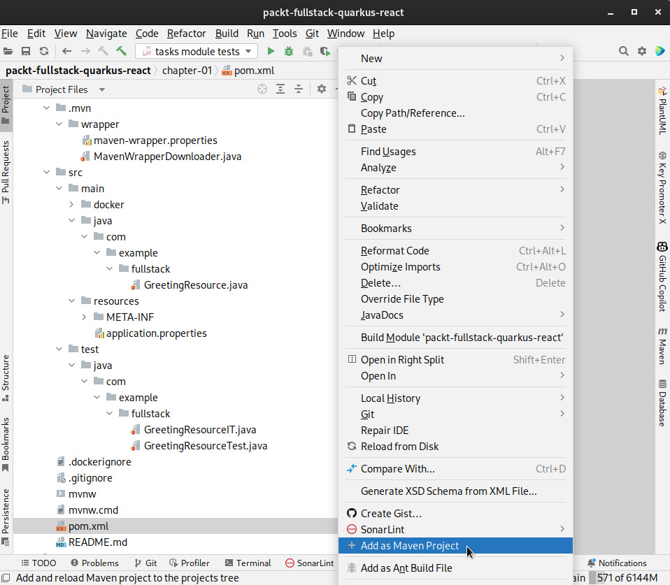 Figure 1.3 – A screenshot of IntelliJ IDEA and the Add as Maven Project context menu
