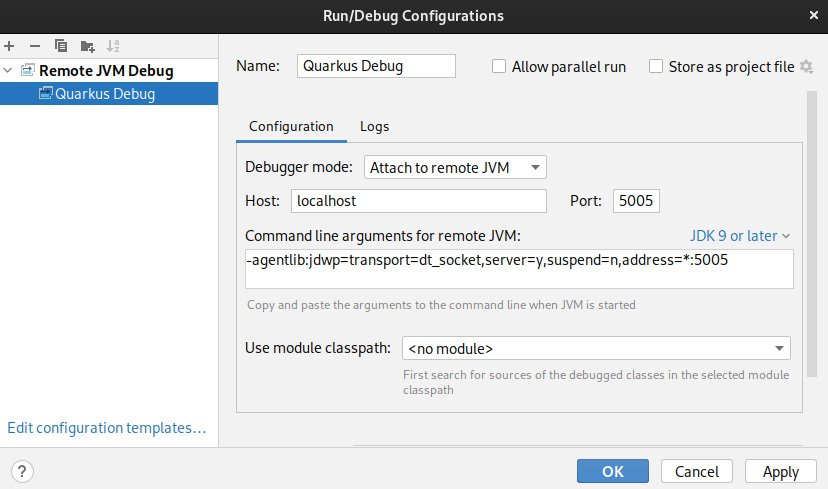 Figure 1.9 – A screenshot of IntelliJ IDEA Quarkus debug configuration
