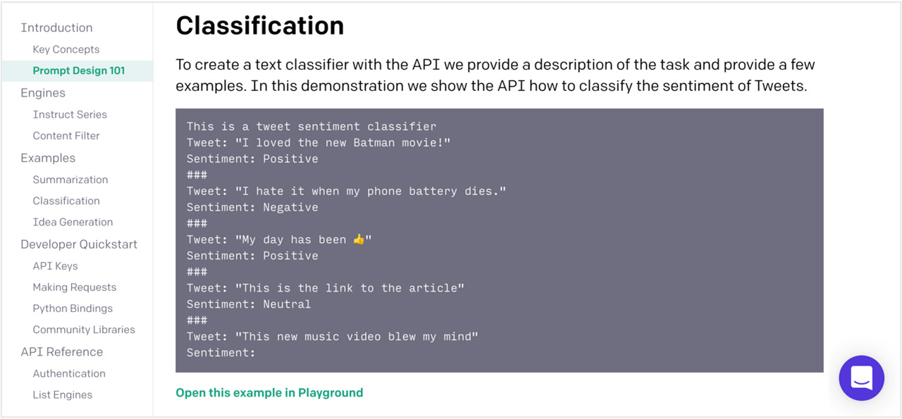 Figure 1.5 – OpenAI documentation provides prompt examples
