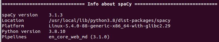 Figure 1.7 – An example spaCy version output
