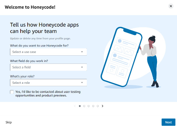 Figure 1.1 – The first Welcome to Honeycode! pop-up screen