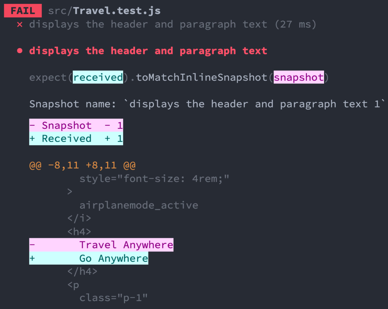 Figure 2.4 – Failed travel snapshot test
