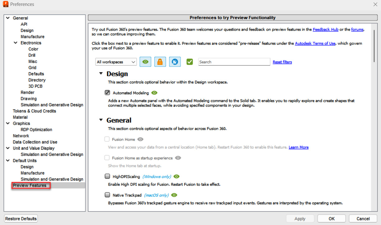 Figure 1.6 – The Preferences panel