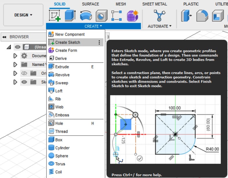 Figure 2.10 – Create Sketch tool location