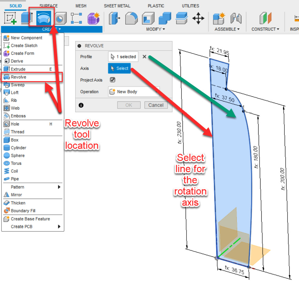 Figure 8.20 – Revolve tool location and axis selection