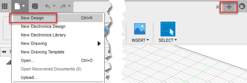 Figure 8.25 – New Design located within the file dropdown, and the location of the + icon