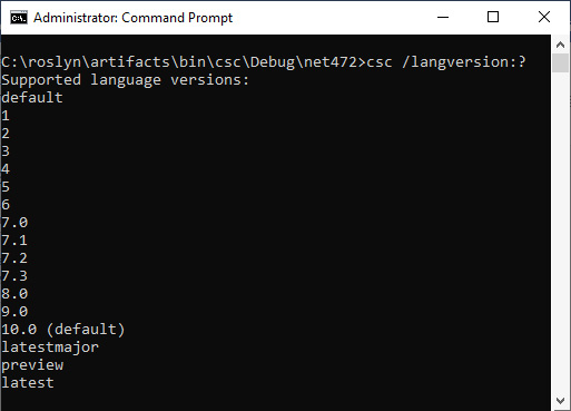 Figure 1.1 – The versions of the C# programming language supported by the compiler
