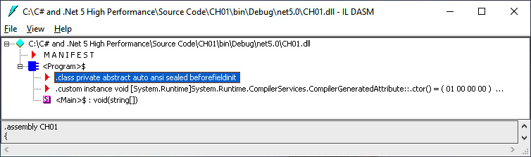 Figure 1.3 – ILDASM showing the internals of the hello world program
