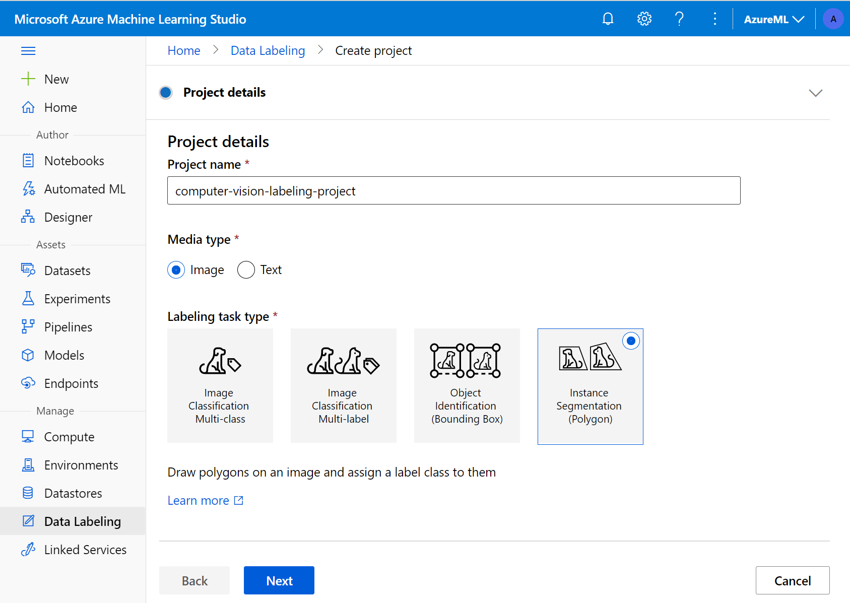 Figure 1.3 – Creating an AzureML labeling project