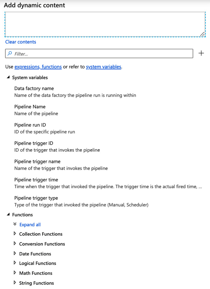 Figure 2.15 – Data Factory functions and system variables
