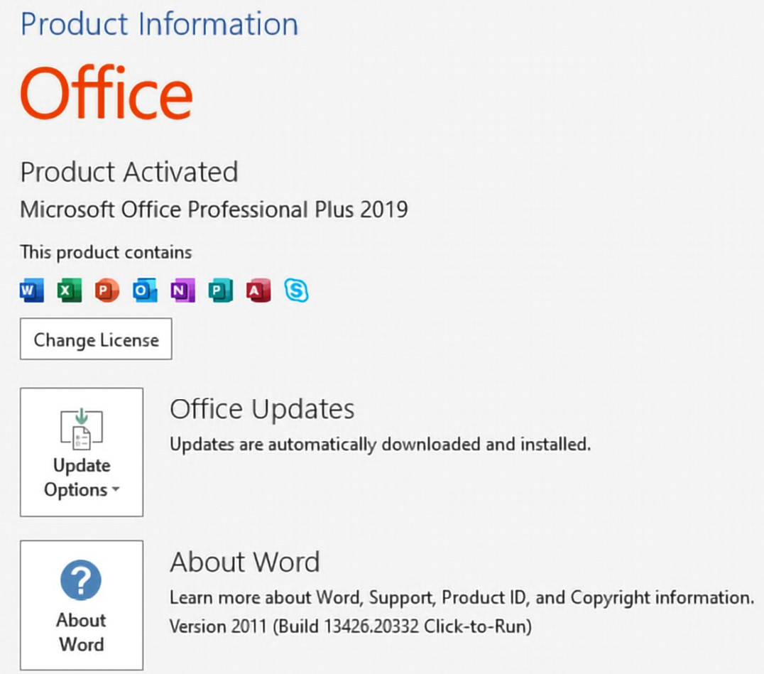 Figure 1.2 – Classic Word 2019 version information
