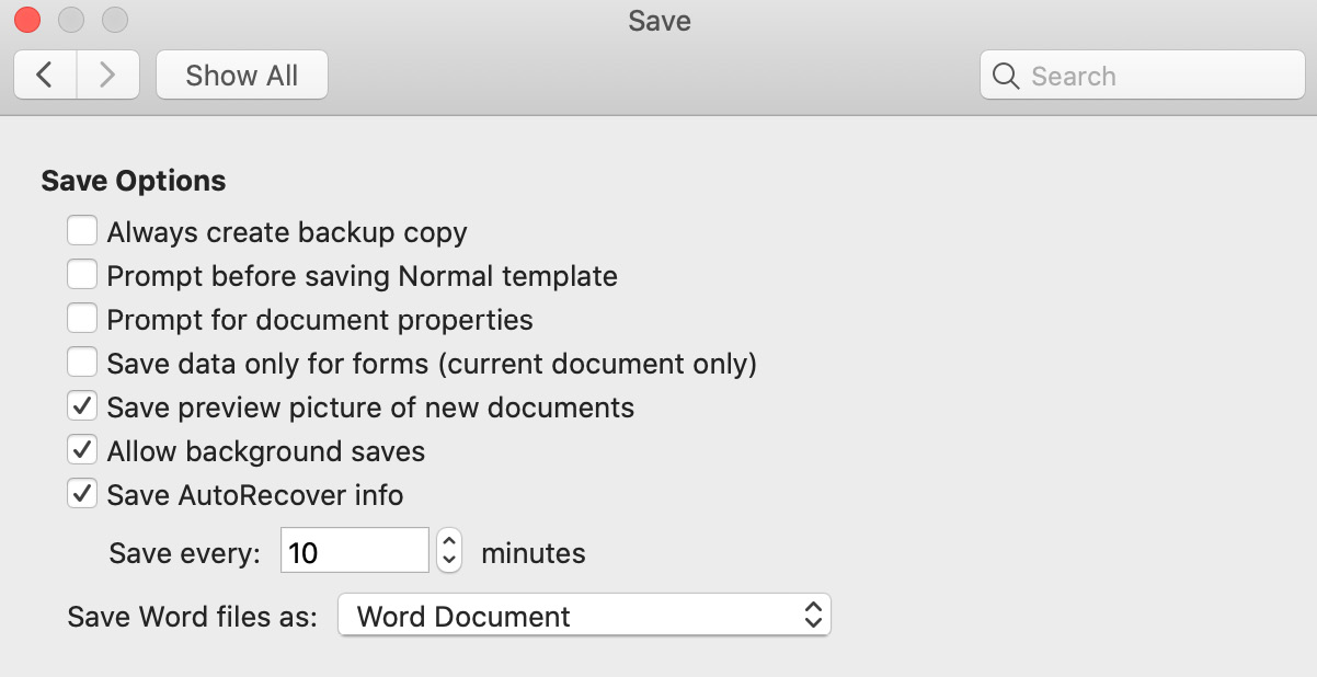 Figure 1.9 – Save Options for Word for Mac 2016
