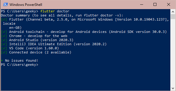 Figure 1.2 – Flutter doctor command-line output
