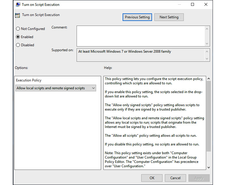 Figure 1.19 – Configuring the Execution Policy feature using GPO for Windows PowerShell