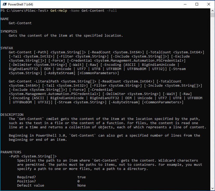 Figure 1.23 – The full Help pages for the Get-Content function