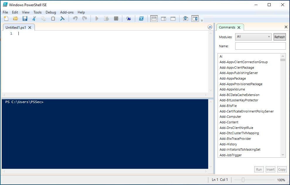 Figure 1.25 – Windows PowerShell ISE after opening a new file