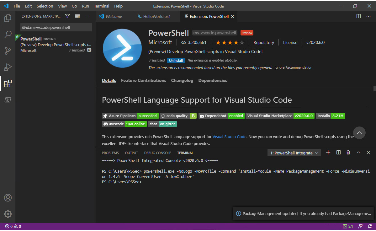 Figure 1.27 – Visual Studio Code: Installing the PowerShell extension